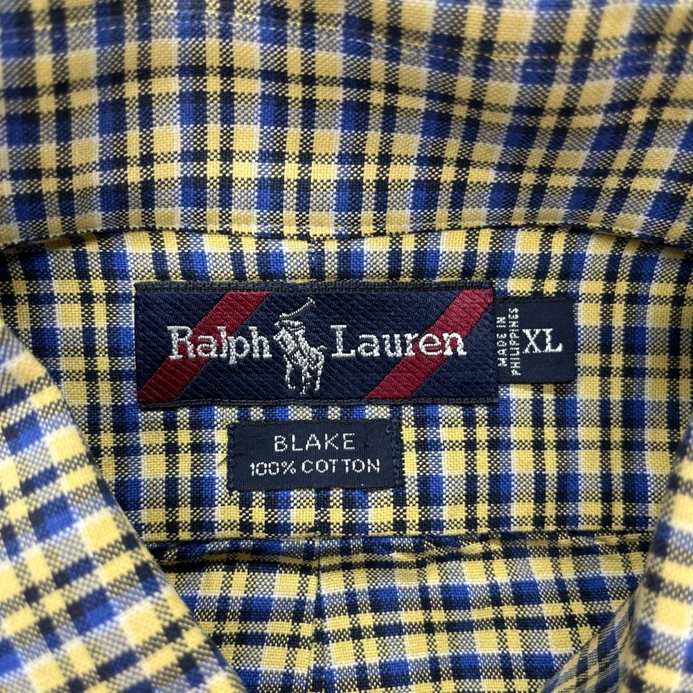 Ralph Lauren Mens XL Yellow Blue Plaid Short Sleeve Blake Button Down Shirt 90s - Picture 3 of 3